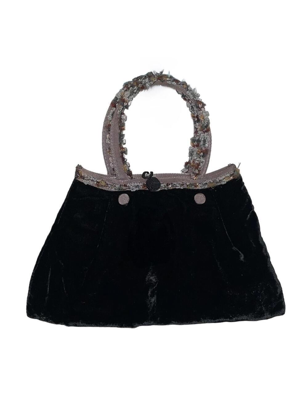 VTG Nadia Minkoff Black Velvet Evening Bag w/ a Gray Silk Lining & Flower Handle